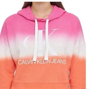 Calvin Klein Jeans Womens Monogram Logo Tie Dye Block Hoodie Sherbert Combo M
